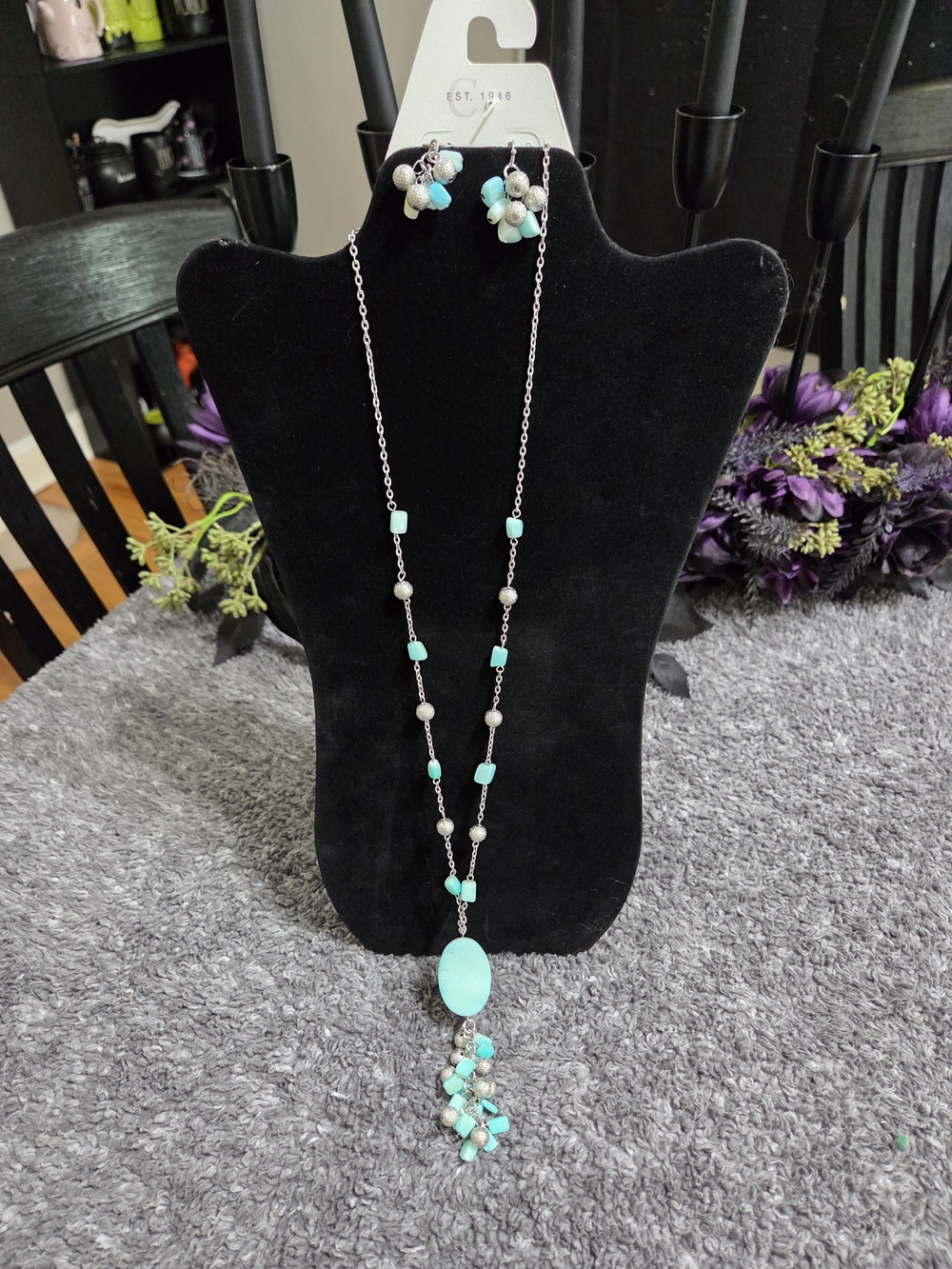 Cato Turquoise Bead Pendant Necklace with Cluster Drop Earrings